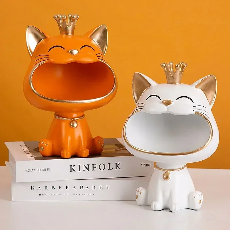 Resin Crown Lucky Cat Big Mouth Storage Figurines Home Office Living Room Desktop Entrance Container Collection Items