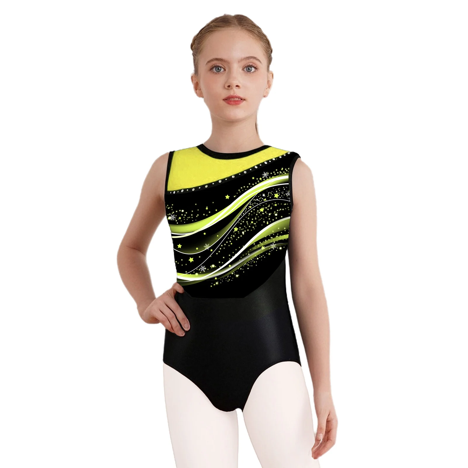 

Kids Girls Printed Gymnastics Ballet Dance Leotard Sleeveless Patchwork Bodysuit for Figure Skating Stage Performance Dancewear