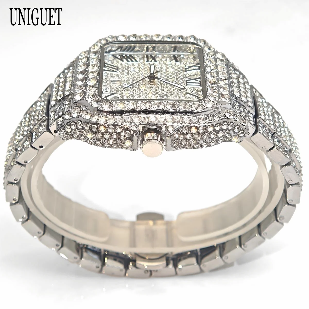 UNIGUET رائجة البيع الفاخرة مثلج ساعة للرجل موضة ساحة الساعات الرجال الهيب هوب الماس بلينغ مجوهرات ساعة اليد Reloj Hombre