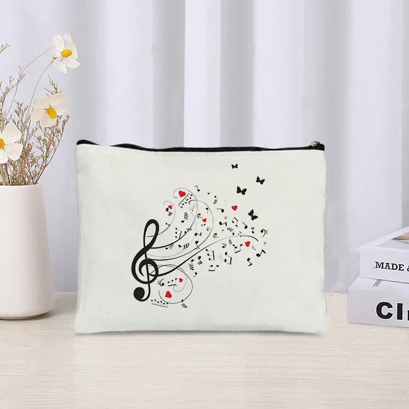 2023 Trendy Music Note Make Up Bag Women Travel Perfume Lipstick Organizer White Eco Canvas Cosmetic Pouch Toiletry Bag Purse