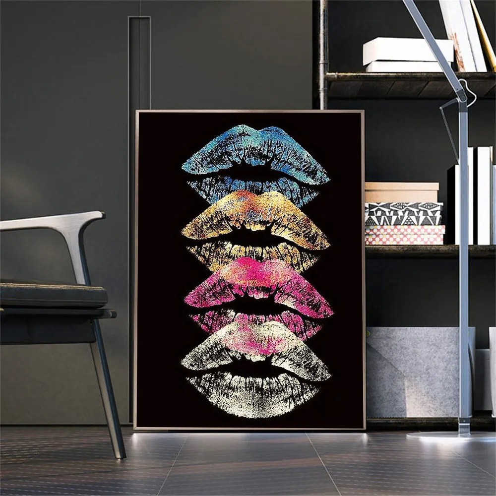 

Modern Colorful Lips Prints Canvas Painting Abstract Lips Poster Large Black Wall Art Picture For Living Room Home Decoration