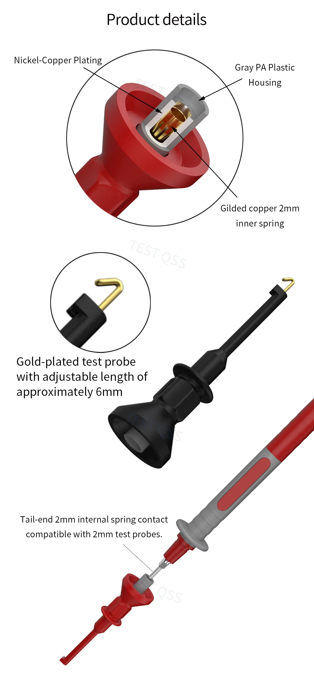 QSS 2 Stück 2 mm/4 mm Testhakenclip Rot Schwarz Elektrische Prüfung für die Kfz-Reparatur – Detail 2