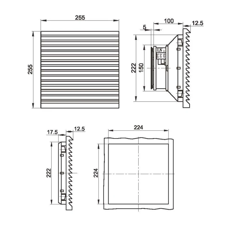 تهوية الخزانة بحجم 255*255 مع مروحة تبريد AC DC 17251 وواقي مروحة ومروحة وفلتر