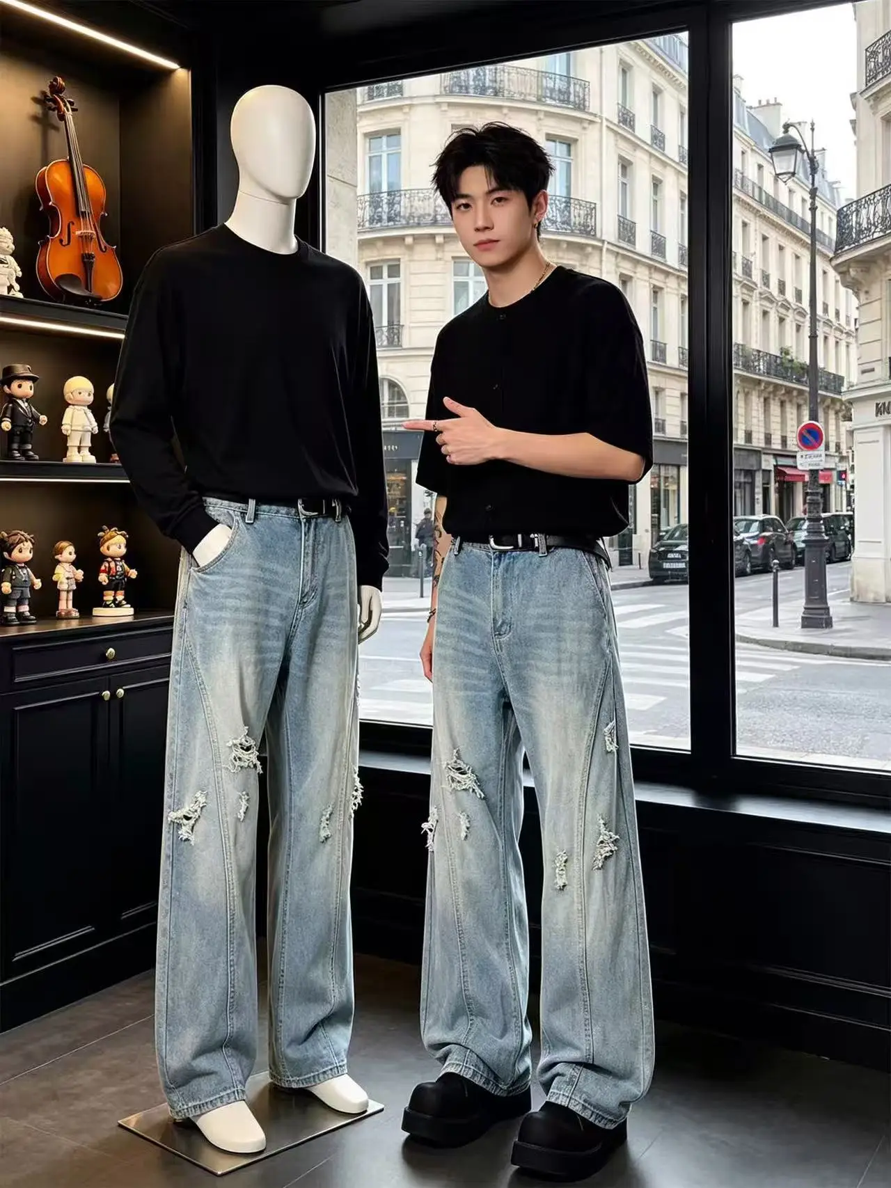 

American Retro Blue Slant Cut Hole Jeans Men's High Street Vibe Slim Micro Flared Pants Design Sense Bend Knife Pants