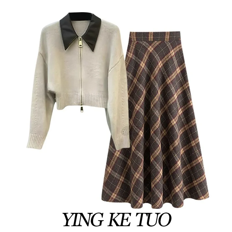 

Корейский вязаный свитер с двойной молнией и юбка в клетку: комплект из двух предметов, новая весенняя модная женская коллекция