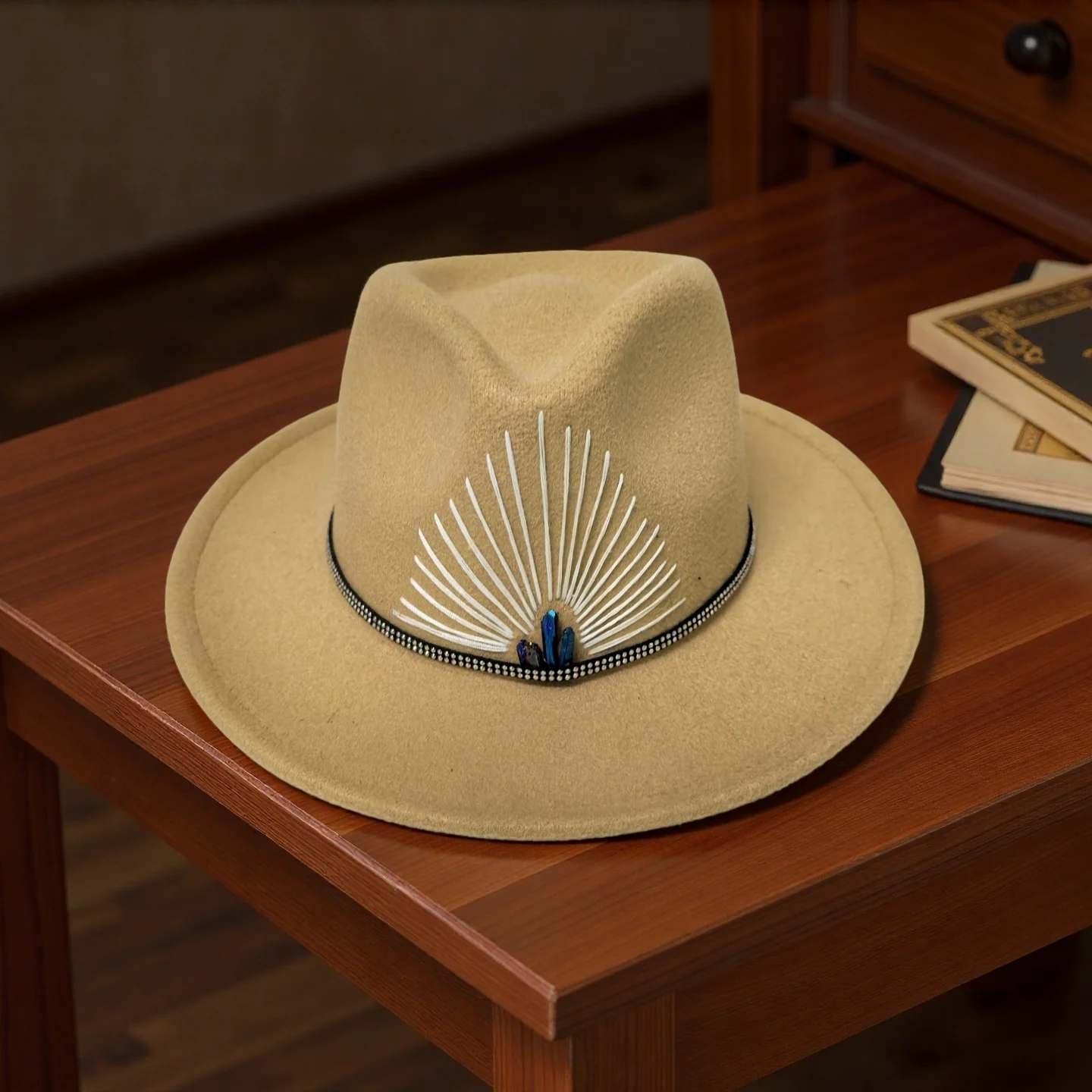 Women Men Handmade Wide Brim Jazz Trilby Fedora Hat Lady Hand Drawn Pop Cowboy Hat Adjustable Size
