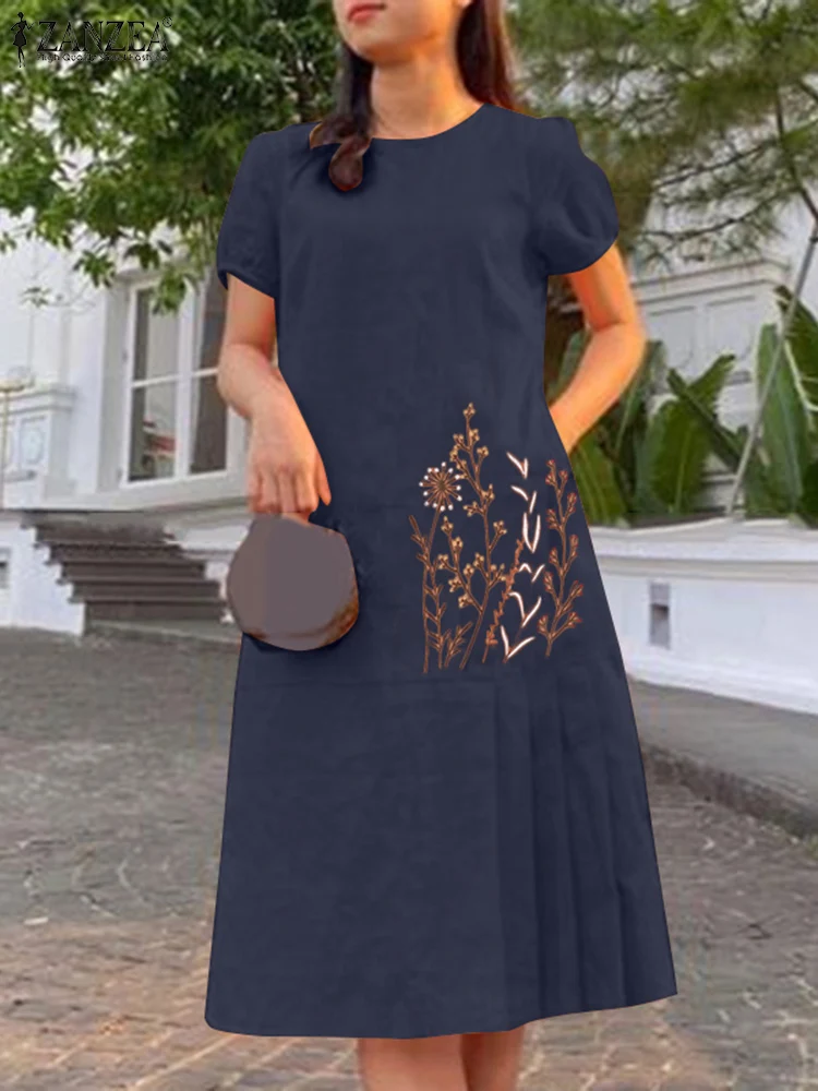 

ZANZEA Floral Embroidery Short Sleeve Sundress Women 2024 Fashion Holiday Pleated Beach Vestidos Summer O Neck Casual Midi Dress