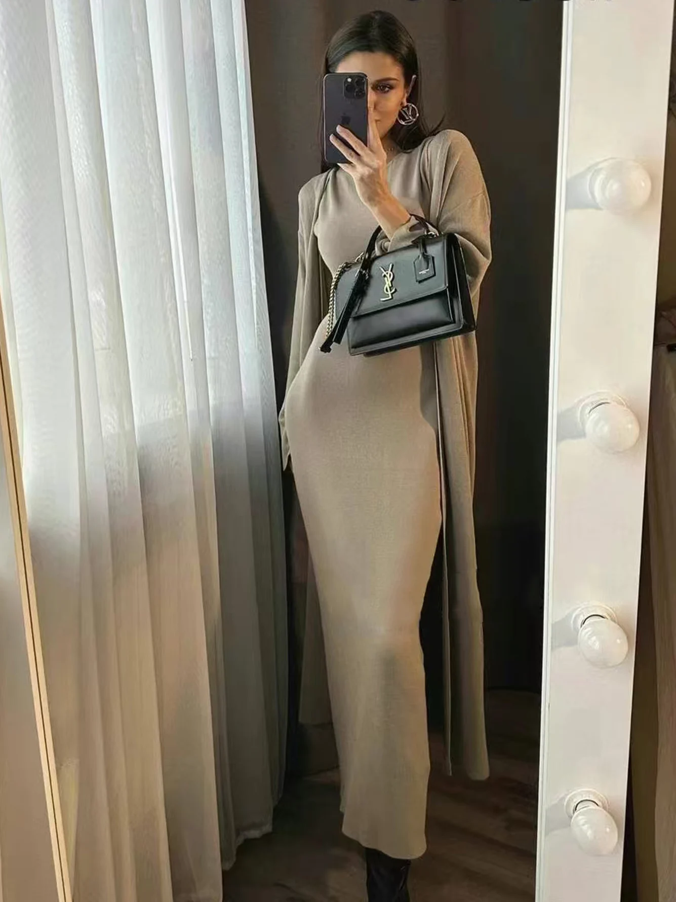 High Quality Women\'S Knitted 2-Piece Set 2024 New Sexy Sleeveless O-Neck Long Dress+Long Sleeved Belt Cardigan Casual Set