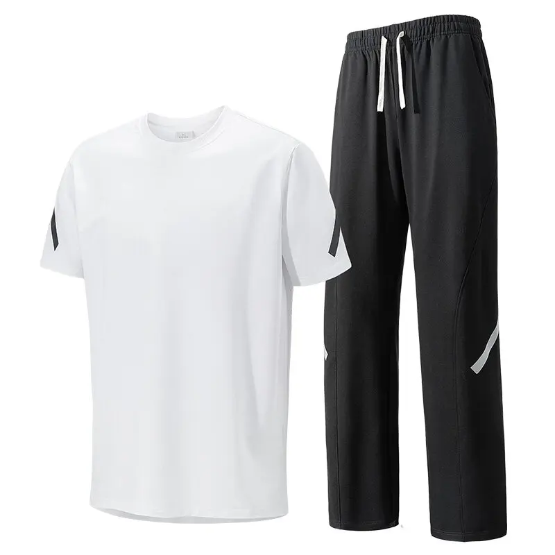 Summer New Fashion Trend Short-Sleeved T-shirt Sports Suit Men Loose Breathable Solid Color Plus Size High-Quality Two-Piece Set
