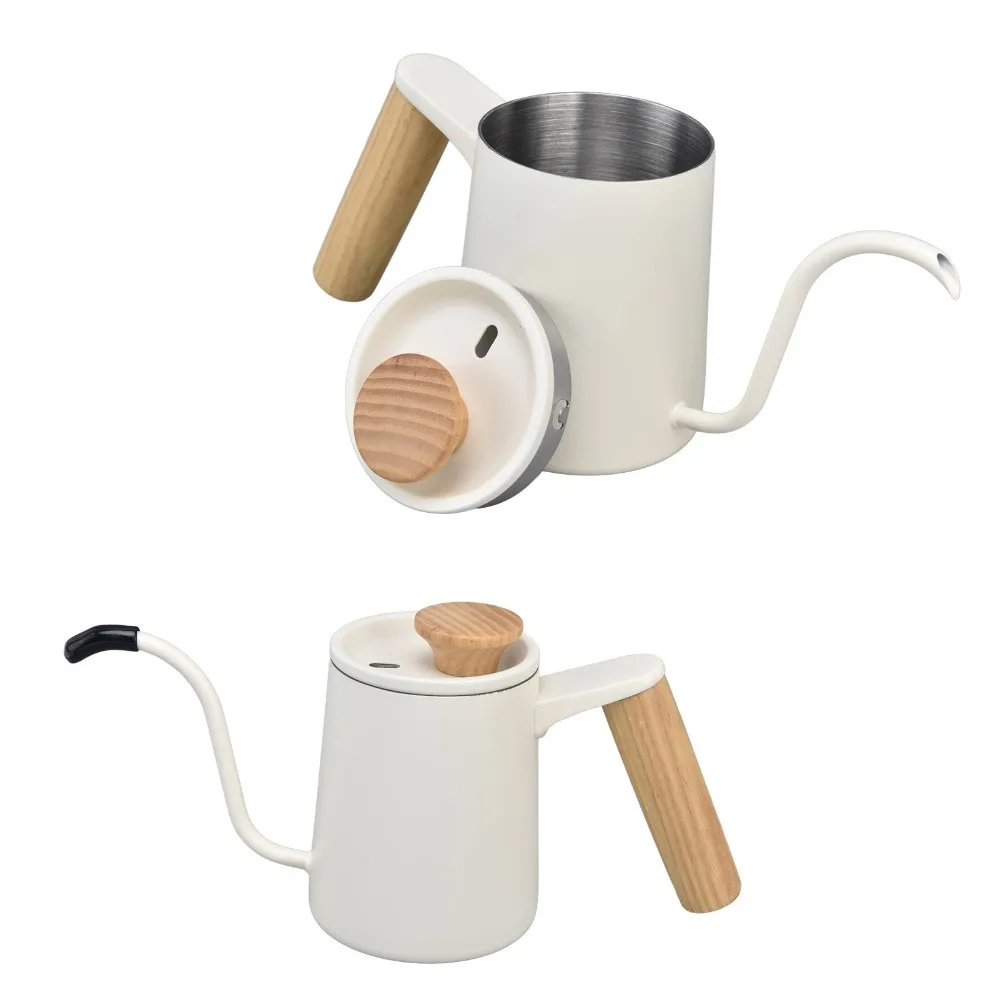Stainless Steel Handle Drip Coffee Kettle Long Narrow Spout Matte White Coffee Tea Pot Gas Induction Cooker Compatible