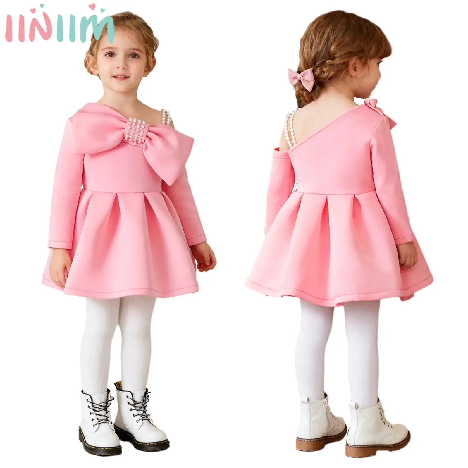 

Милое платье принцессы с большим бантом для маленьких девочек, бальное платье с длинными рукавами и искусственным жемчугом для рождественского театра, свадьбы, дня рождения