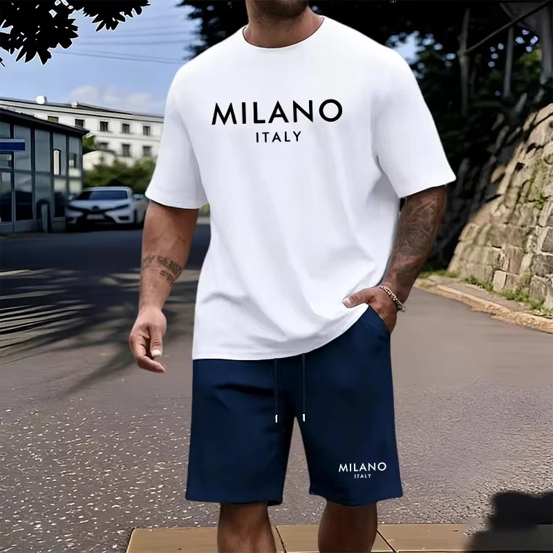 2026 Men's Crew-Neck Casual Short-Sleeve Set Summer Minimalist Letter Print Fashionable Loose-Fit Breathable Sports Set