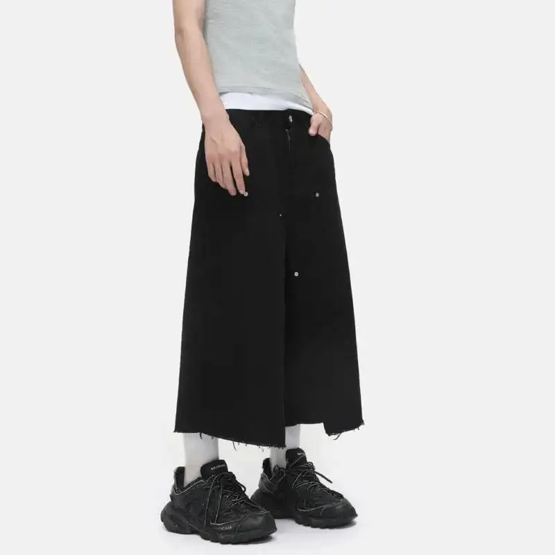 Celana Pendek Denim Pria Model Baru 2025, Desain Sobek dan Berlubang, Gaya Amerika, Warna Solid, Longgar, Model Lurus