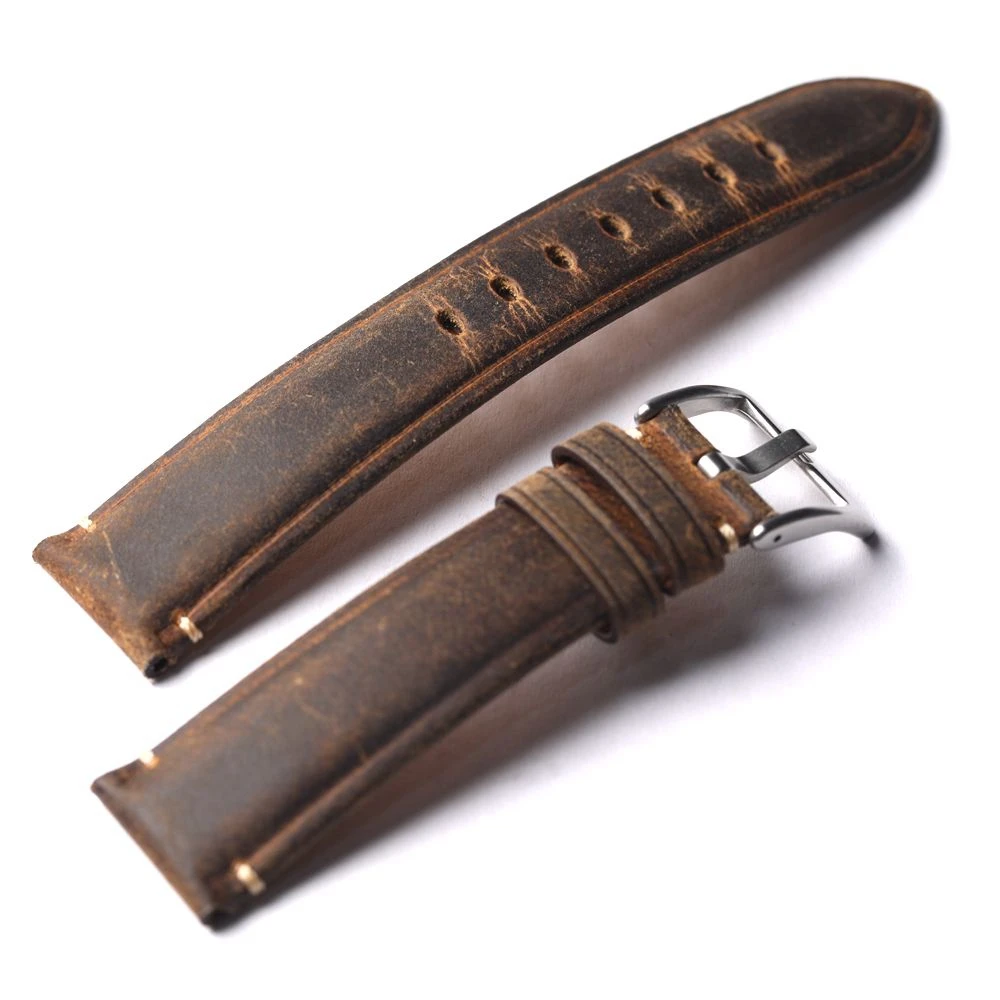 Handmade Head Layer Cowhide Watch Strap 18 19 20 21 22MM Oil Brown Vintage Genuine Leather Men\'s Thickened Bracelet, Retro Style