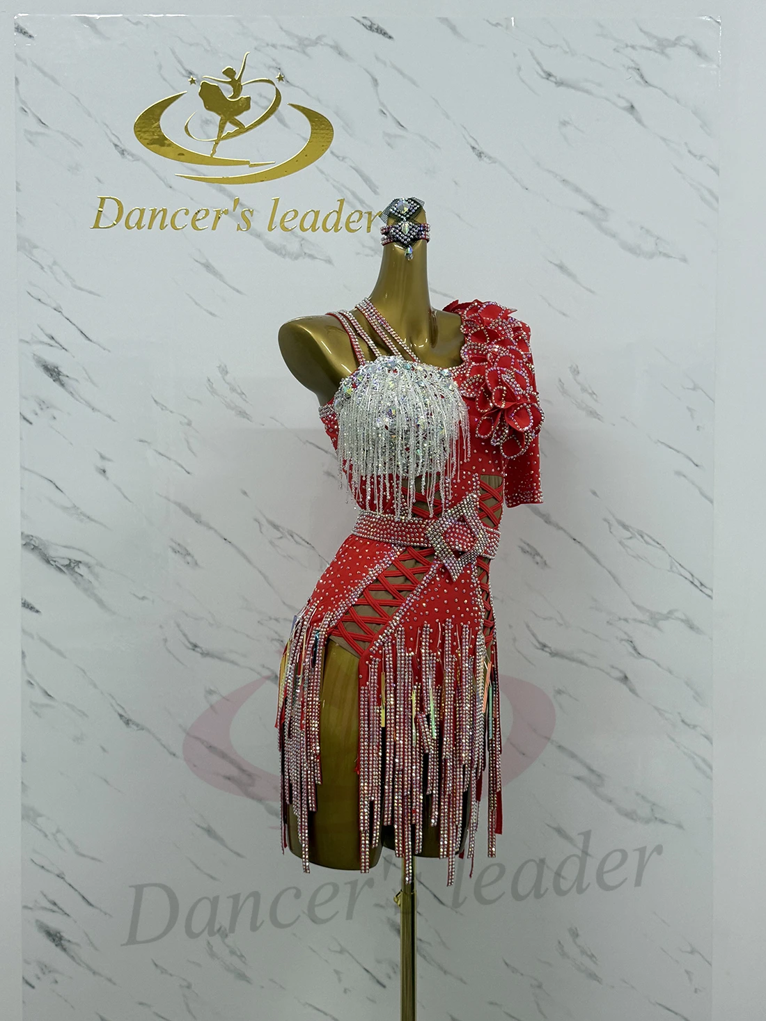 Vestido de dança latina adulto e infantil ab pedra high-end personalizado vermelho diamante listra flor vestido cha cha tango roupas femininas