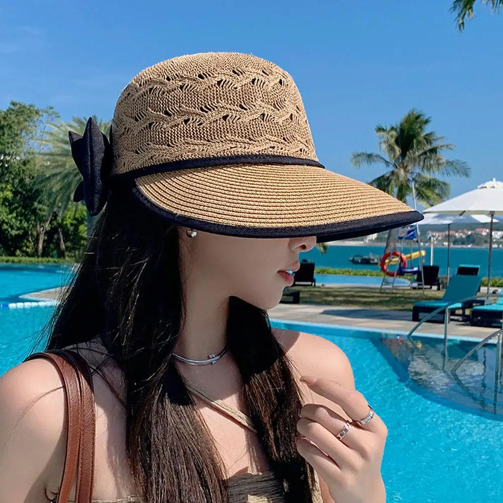 Women Ponytail Straw Sun Hat Summer Wide Brim Bowknot Visor Cap Outdoor Sun Protection Beach Foldable Hats Ladies Panama Caps