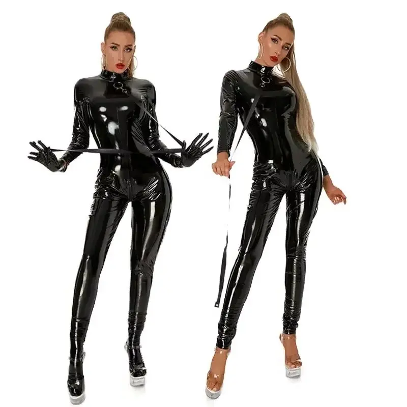 

Женский черный блестящий латексный комбинезон с мокрым эффектом, эластичное эротическое белье из искусственной кожи, боди, сексуальные облегающие комбинезоны на молнии спереди