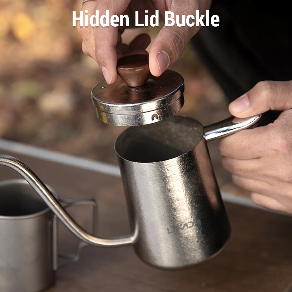 Ti Pour Over Coffee Kettle معقوفة إبريق قهوة مع مقبض خشبي للتخييم في الهواء الطلق صب إبريق قهوة Ti غلاية قهوة #3