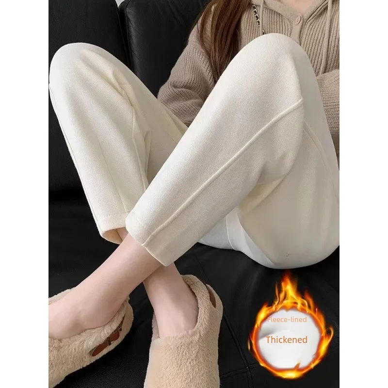 Beige Casual Pants Women Autumn Winter High Waist Fleece Lined Ladies Carrot Pants Slimming Harlan Grandma