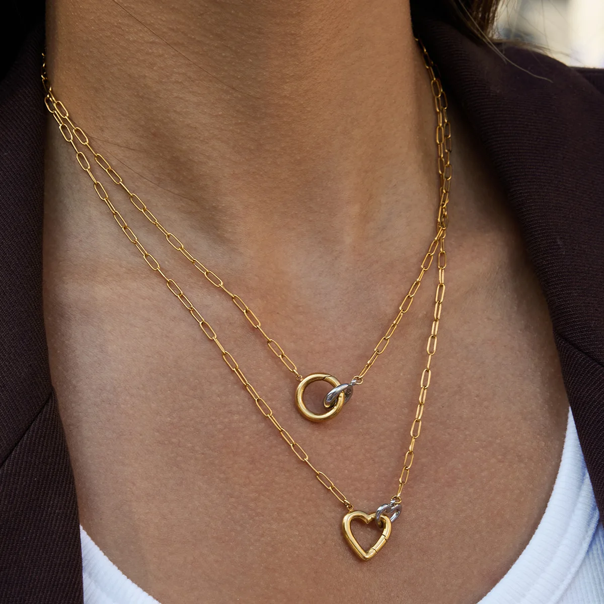 

YHTOT Minimalist Trendy 18K Gold Color Plated Gold And Silver Color Matching Heart Double Hoop Necklace Stainless Steel Jewelry