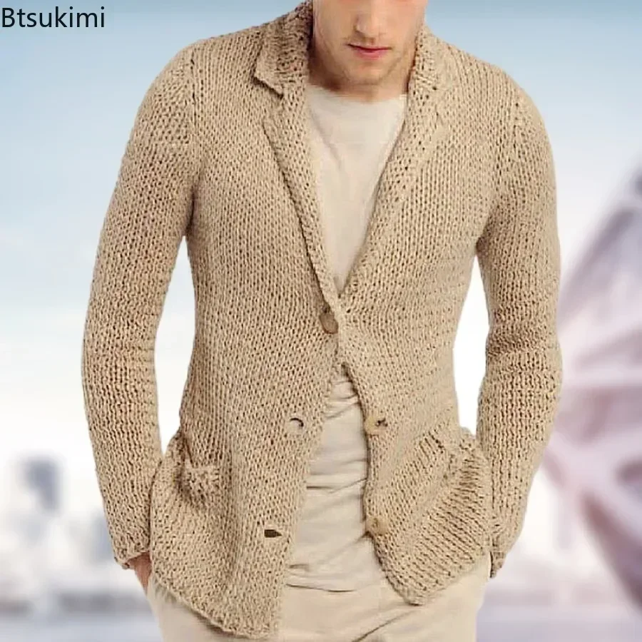 2024 Men\'s Casual Knitted Sweater Cardigan Jacket Autumn Winter Club Party Knitted Coats Male Long Sleeve Lapel Sweater Cardigan