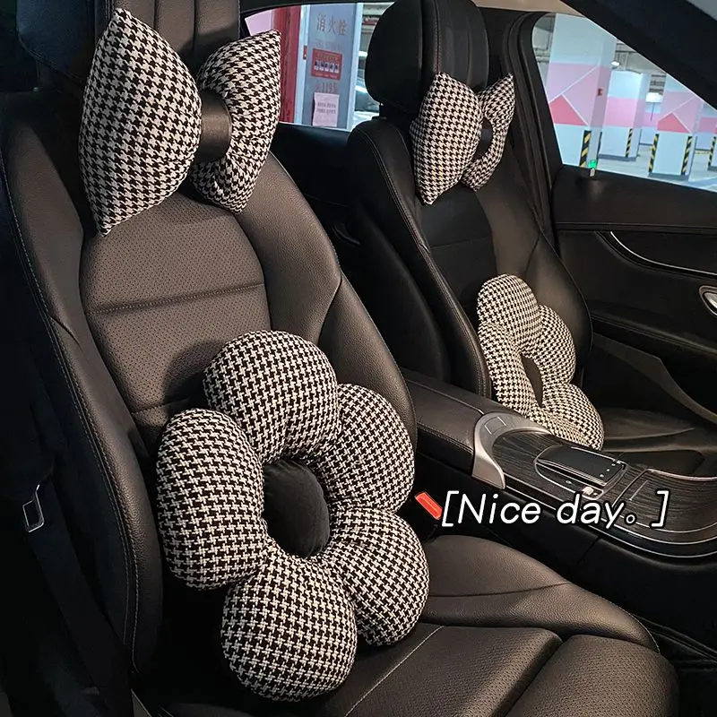 Auto Hoofdsteun Taille Celebrity Houndstooth Auto Seat Terug Pad Neksteun Kussen Kussen Interieur Product Voor Dame Vrouw