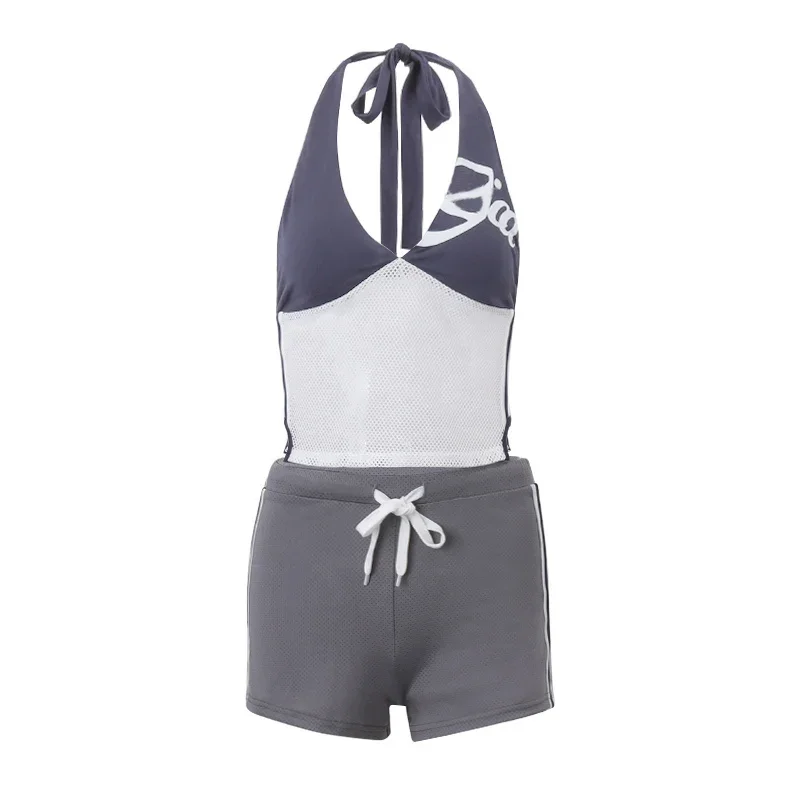 WhereMery Casual Patchwork Halter Backless Tank Top With Elastic Draw-string Short Pants High Streetwear Women Summer Outfits