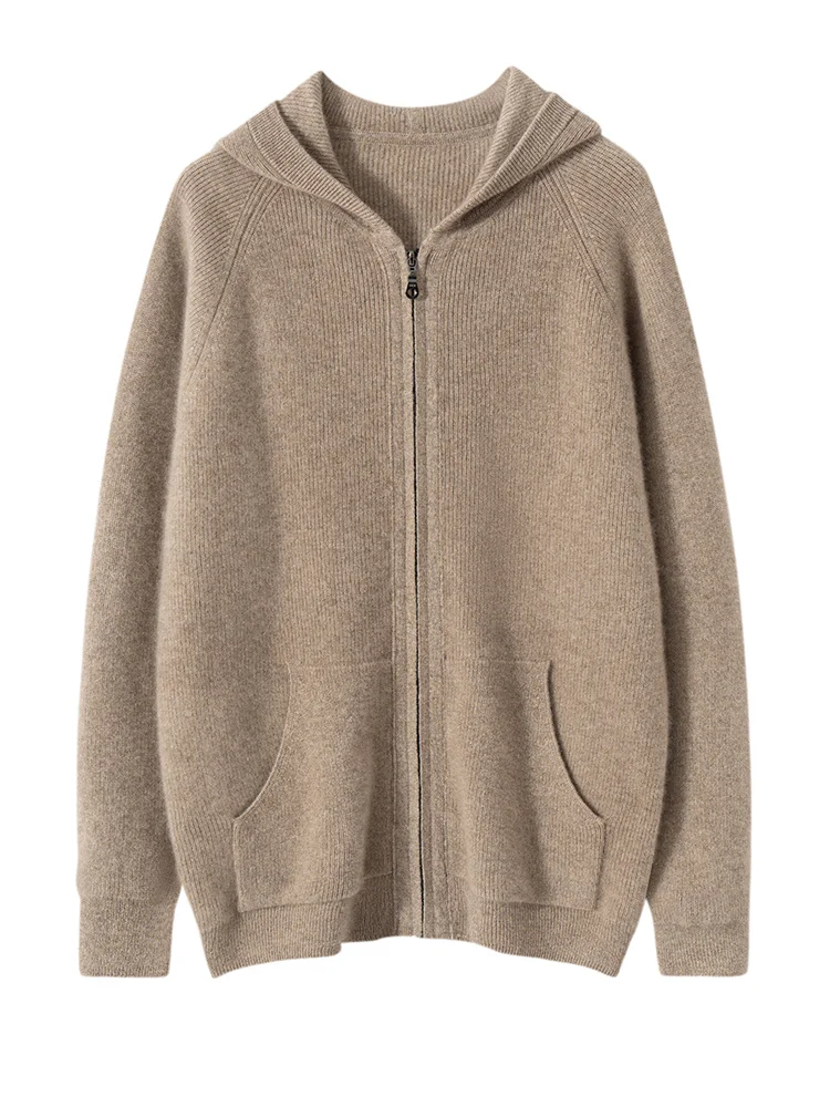 

Hooded Cardigan Long Sleeves Soft Solid Warm 100% Cashmere Simple Autumn Winter Casual Loose Men's Knitted Sweater Clothing Tops