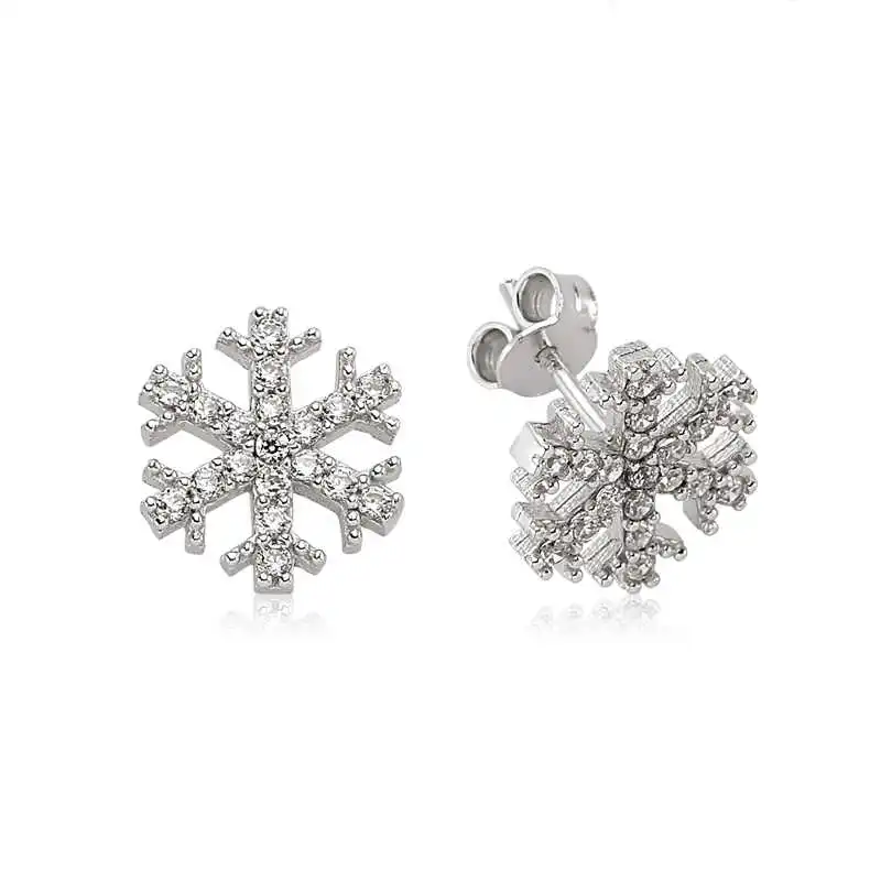 Silver Snowflake Stud Earrings Zircon Stone 925 Sterling Women for Jewelry Wedding Party Birthday Gift - Box - Fashion - Girl - Special Days