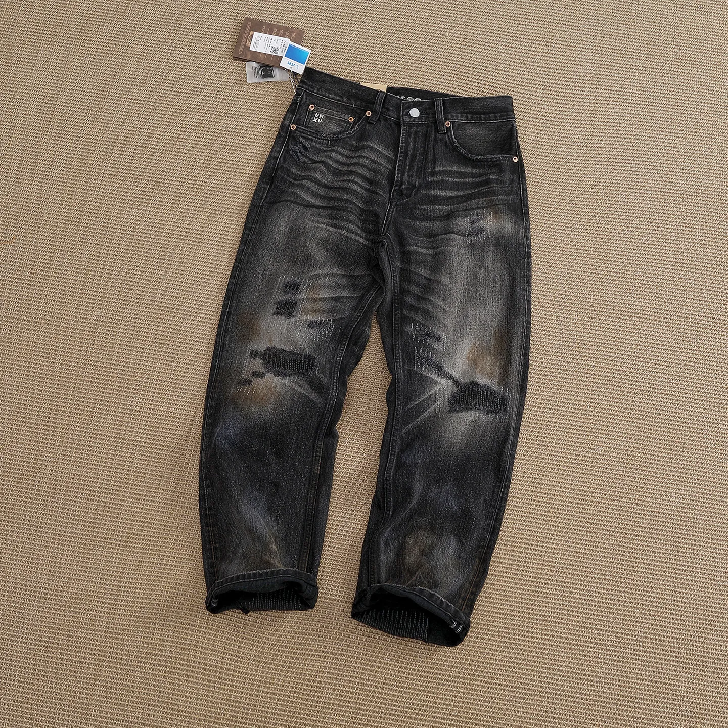 2026 Autumn New American Retro Wear-resistant Hole-patched Jeans Men's Fashion Multiple Pockets Washed Straight Casual Trousers