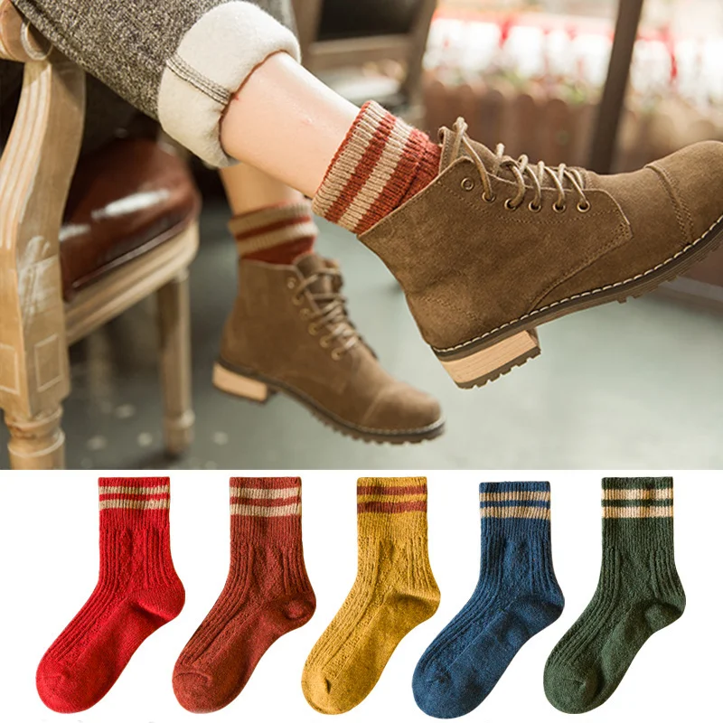 Kawaii Women Winter Warm Soft Wool Striped Long Fuzzy Socks for Sweet Girl Home Indoor Floor Sleeping Bold Lines Towel Sock Gift