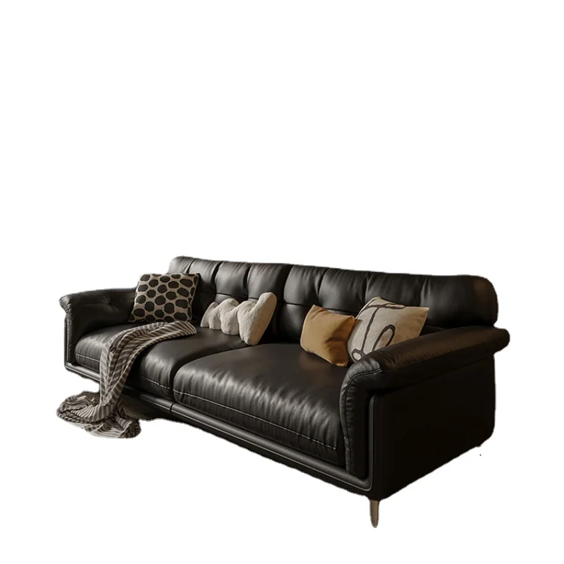 Tqh First Layer Leather Sofa Living Room Small Apartment French Retro Black Cloud Sofa Straight Row