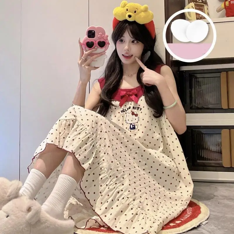 

Hot Sanrio Young Girl Pajamas Skirt Hello Kitty Princess Cartoon Overall Dress Belt Bra Kawaii Fashion Loose Thin Leisure Wear