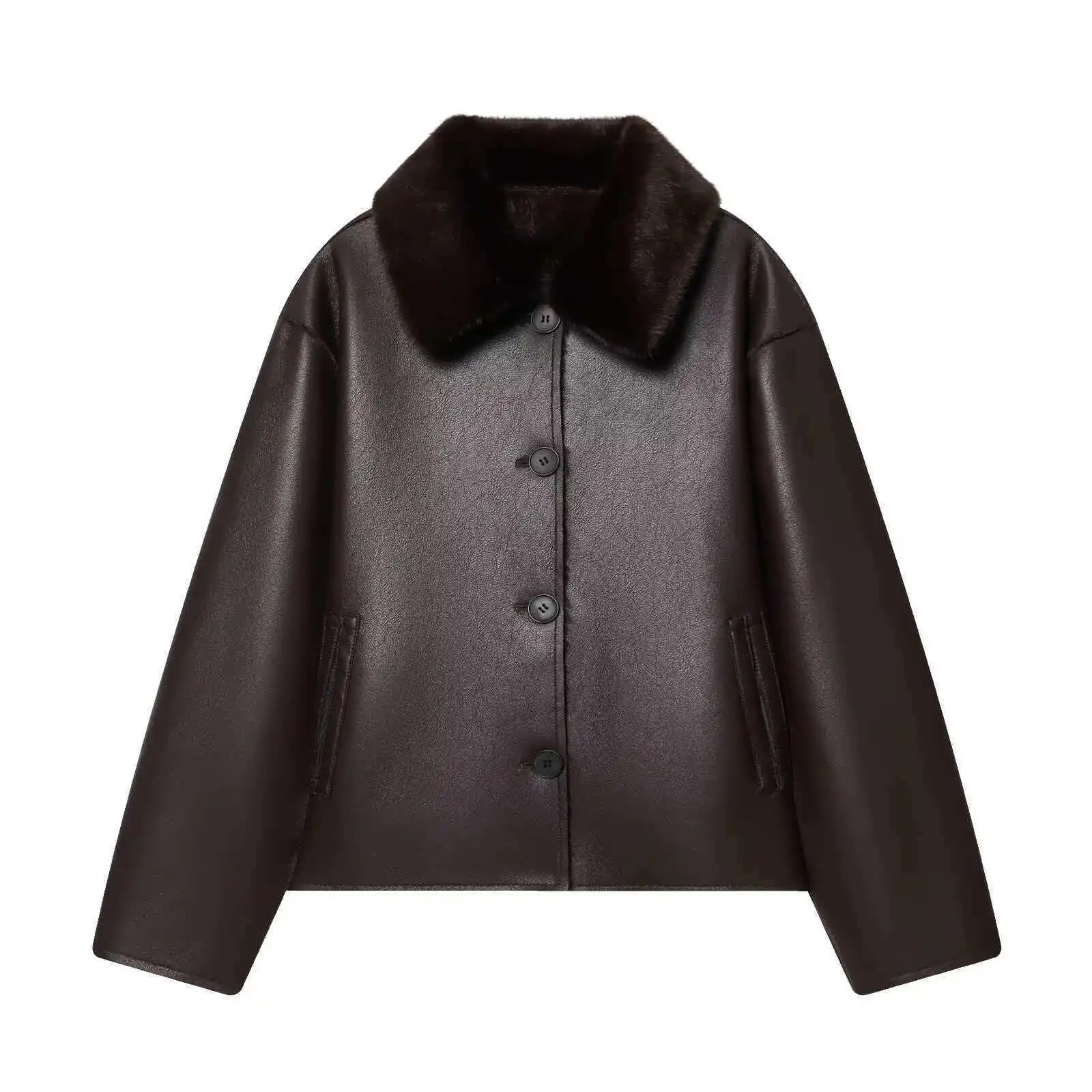 

Women's Solid Color Fashion Leather Jacket Winter Vintage Versatile Deep Coffee Plush Collar Coat Warm Loose Long Sleeve Outwear