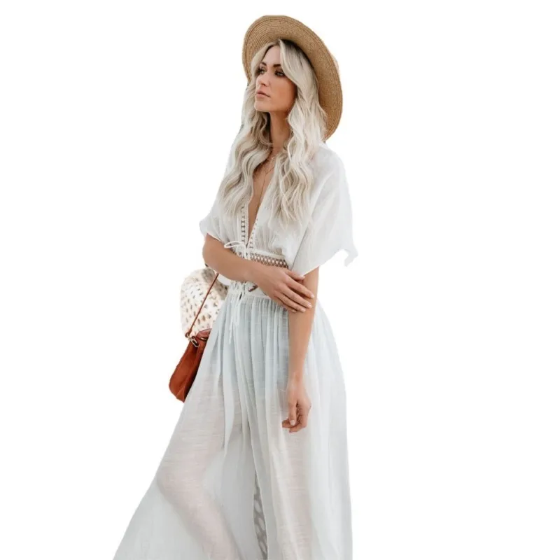 여성 여름 드레스 레이스 보헤미안 비치 수영복 비키니 커버업 레이스업 롱 블라우스 속이 비치는 자외선 차단 가디건 숄