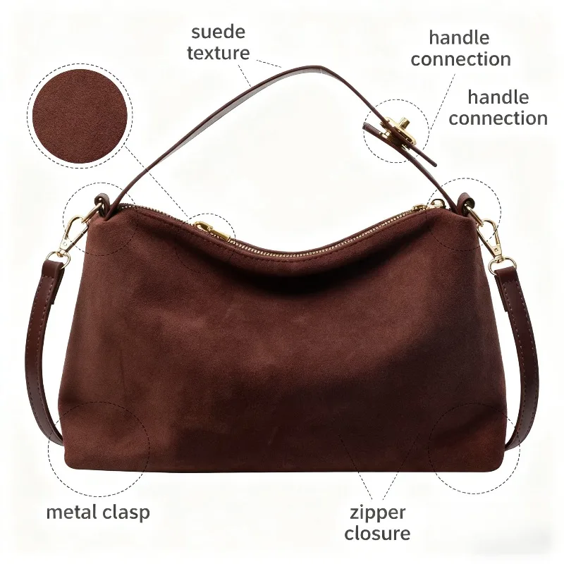 

Retro Suede Shoulder Bag with Adjustable Strap Versatile Women's Handbag for Daily and Casual Use