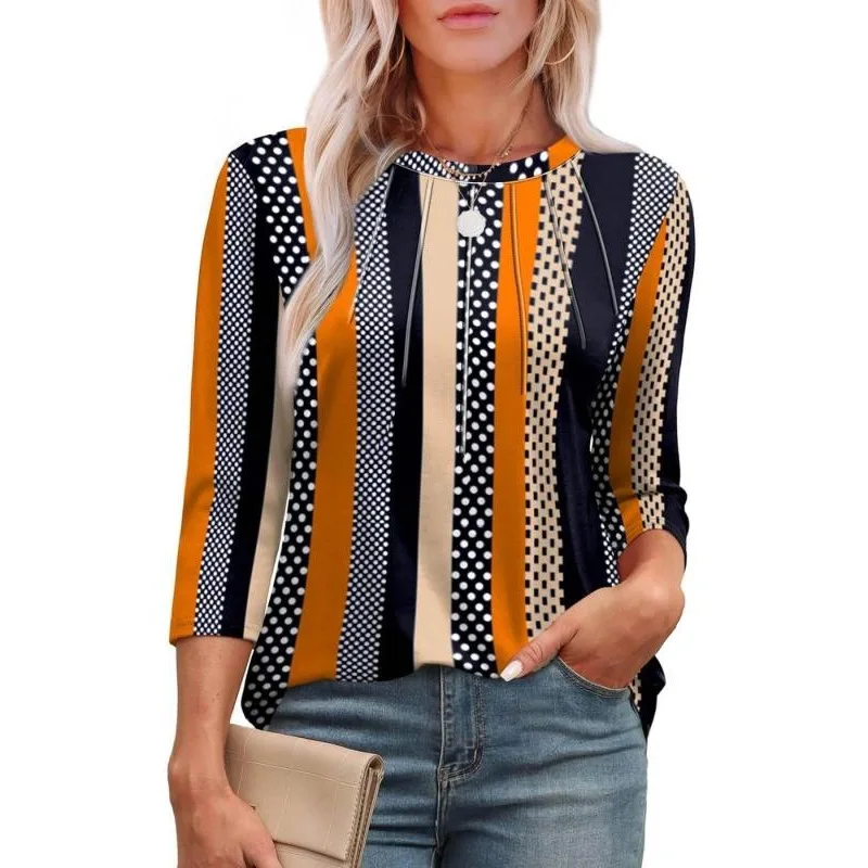 

Plus Size 1XL-5XL Women'S Fashionable And Casual Shirt Long-Sleeved V-Neck Print Blouse