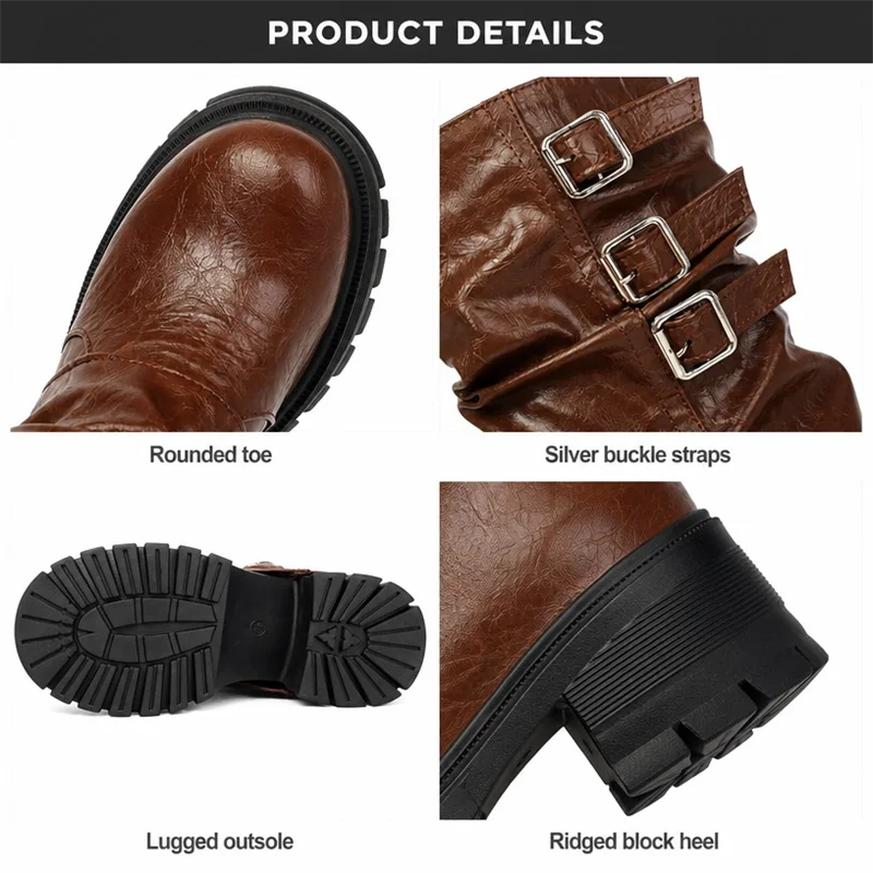 Brown Women Mid Calf Boots Round Toe 6cm Block Heel 3cm Platform Belt Buckles Pleated Plus Size 41 42 43 Retro Botas