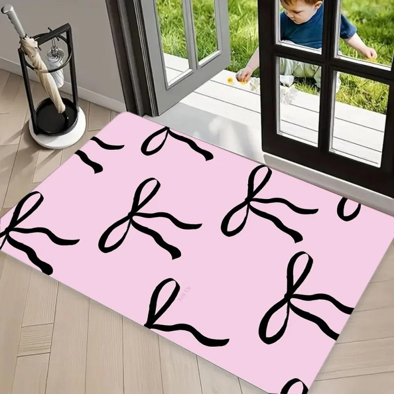 Girly Bow Print Area Rug Carpet, Non Slip Floor Mat, Pastel Pink Ribbon Design Washable Doormat Romantic Home Decor