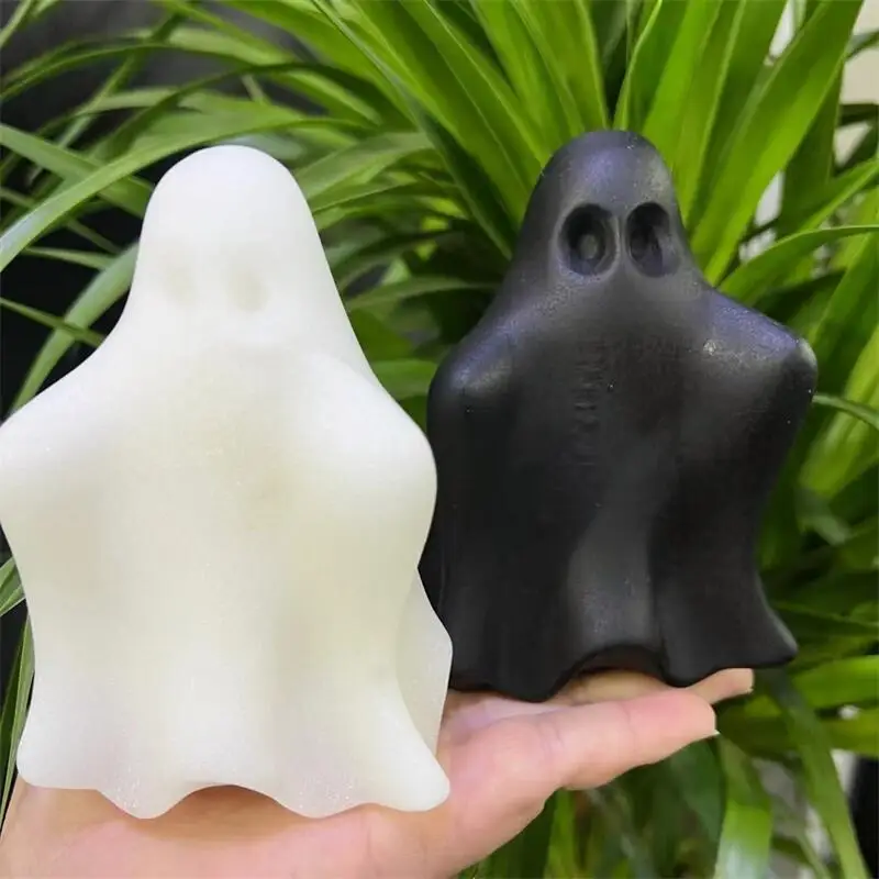 

12CM Natural White Marble Jade And Black Obsidian Halloween Ghost Carving Healing Crystal Reiki Stones Gift Room Decoration 1PCS