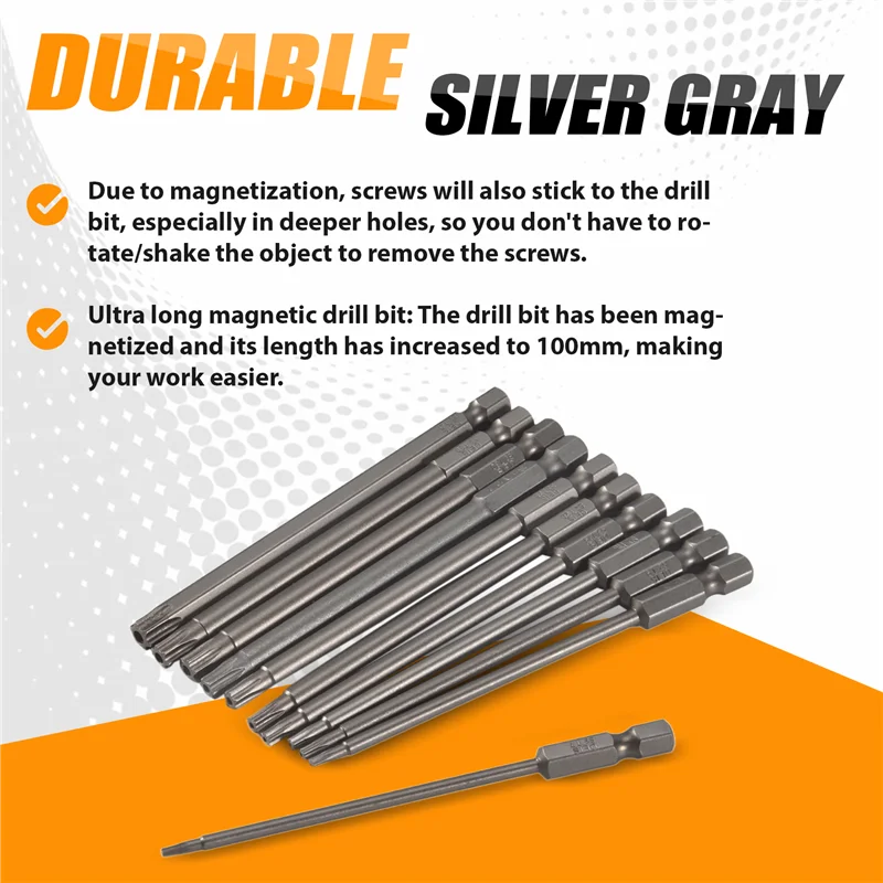 

AT51-13Pcs 100Mm Torx Long Screwdriver Bits Set, Magnetic Torx Bit Set T6-T40, 1/4 Inch Hex Shank Electric Screwdriver Tools