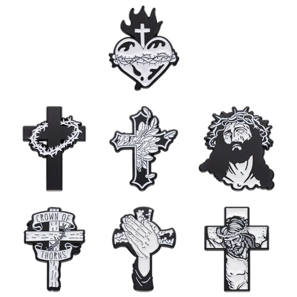 Christian Cross Emblem Thorn Crown Jesus Brooch Black and White Hyacinth Prayer Hand Decoration Pin for Clothing