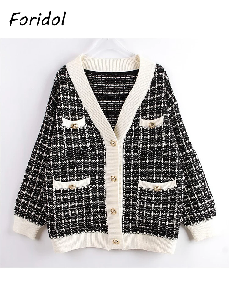 Foridol Oversize Knit Plaid Vintage Cardigans Sweater Autumn Winter Thick White Black Casual Loose Cardigan Pearl Button