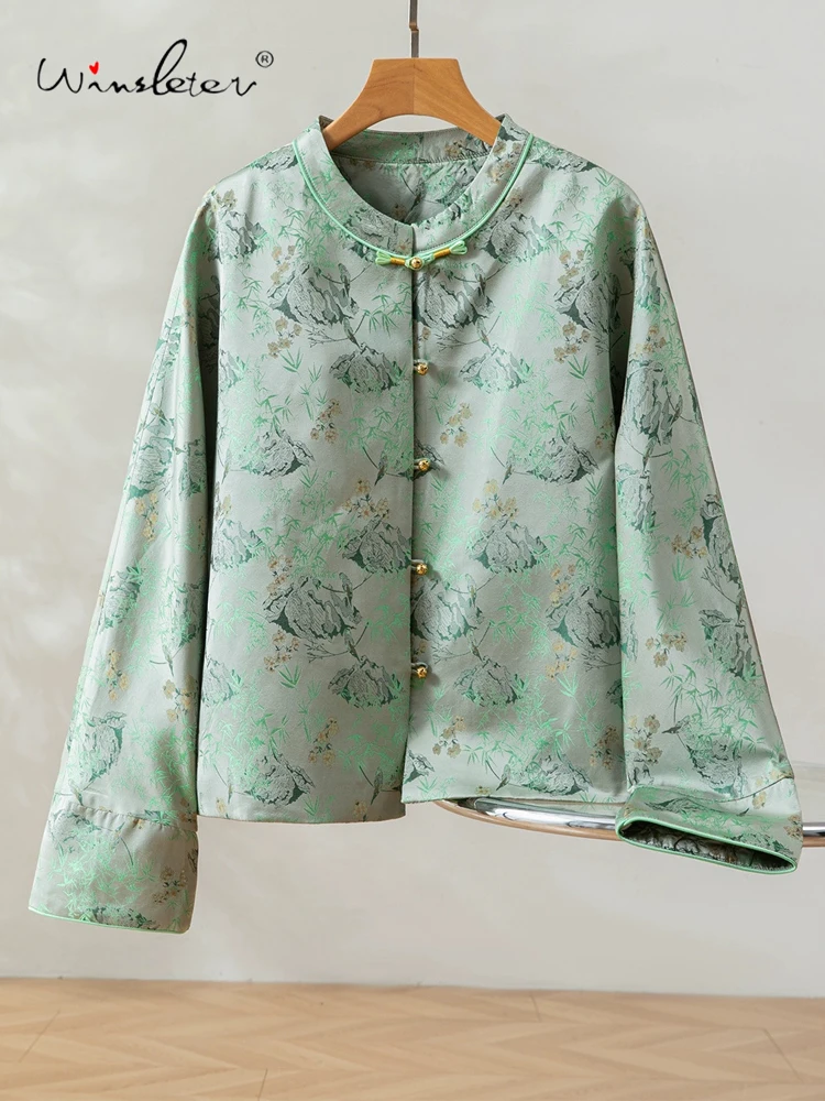 

Winsleter-100% Элегантное пальто из парчи из настоящего шелка Song, жаккардовое пальто с круглым вырезом, женское универсальное свободное пальто для поездок на работу, новинка осени 2025 года C5N140CC