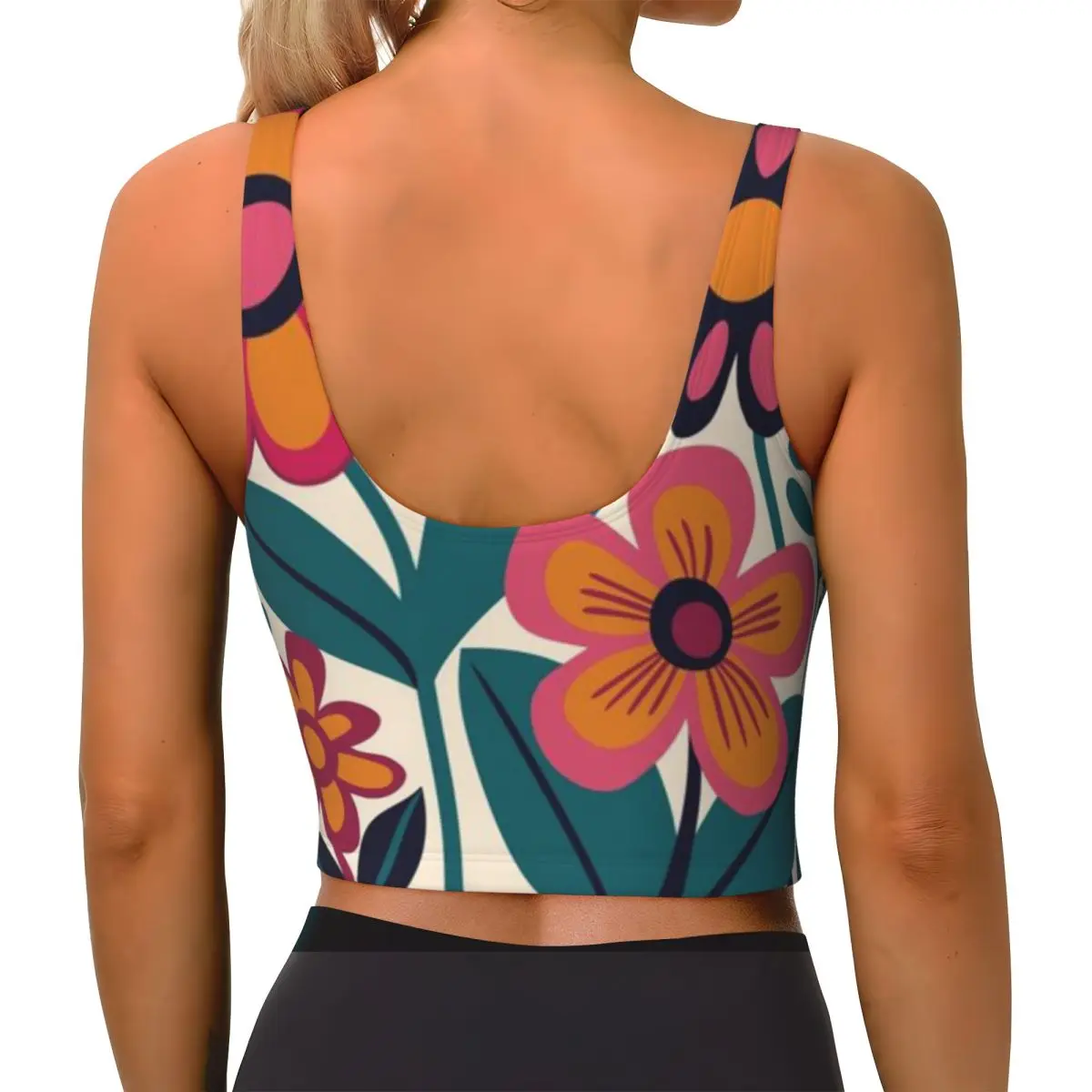 Crop Sports Vest Bold Daisy Bouquet 70s Floral Print Hiit Workout Fitness Top
