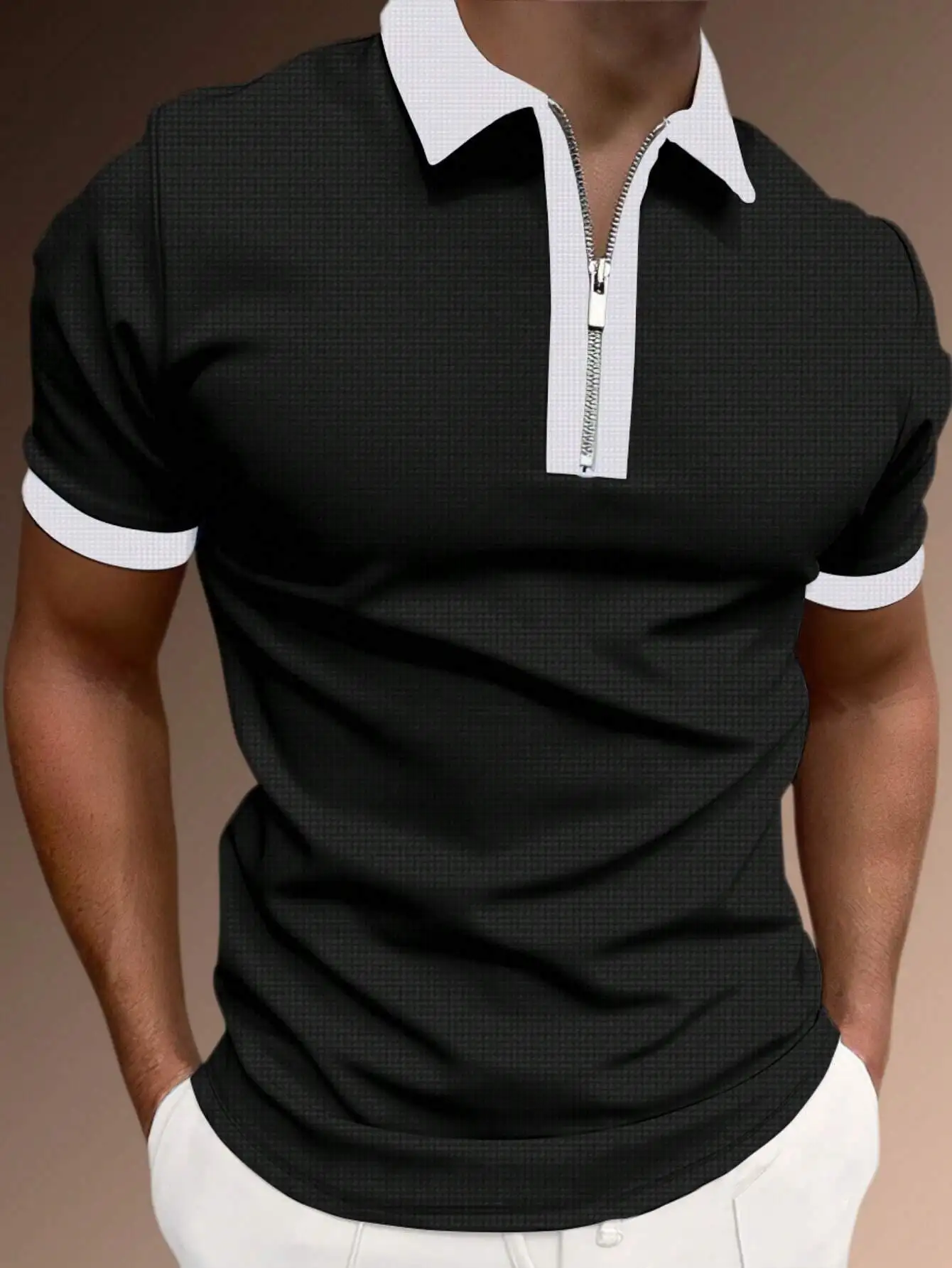 

Men's Black Contrast White Trim Quarter Zip Polo Shirt