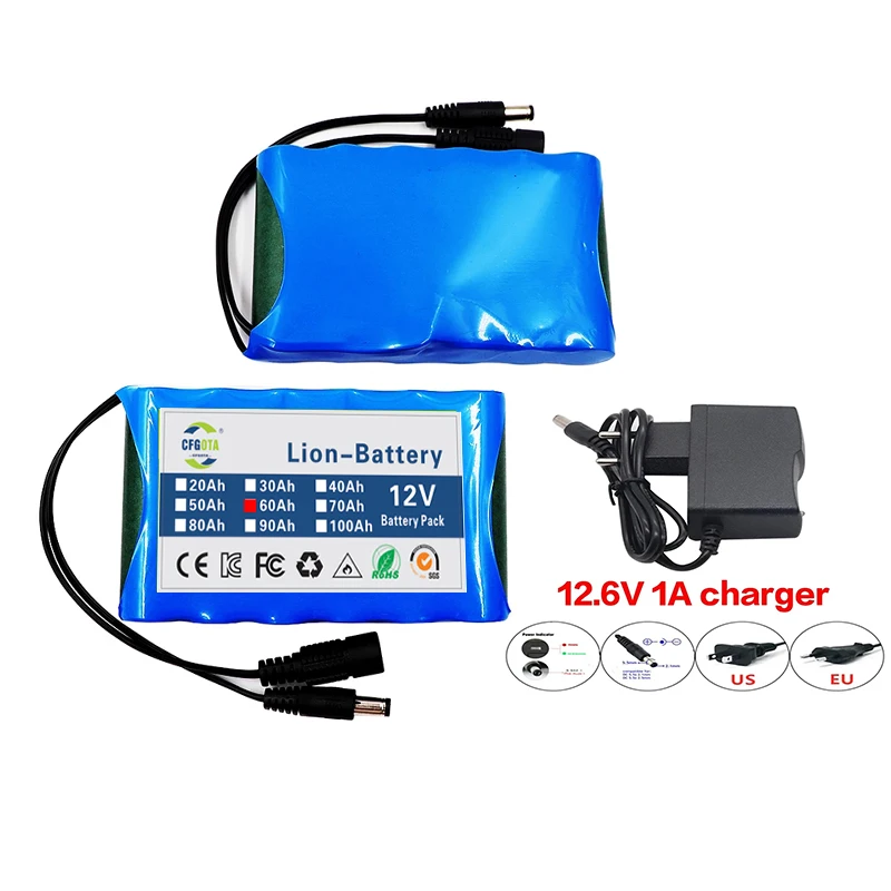 NEW Portable Super Battery 12V 60000mah Rechargeable Lithium Ion Battery Pack 30Ah Capacity DC CCTV Cam Monitor + 12.6V Charger