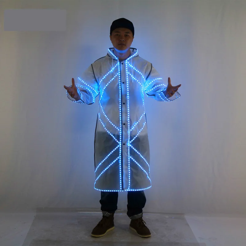 LED Tron Dance Wear Light Up Jacket Stage Performance Costume Robot Carnival Festival Outfits Party Glowing Windbreaker Men Coat