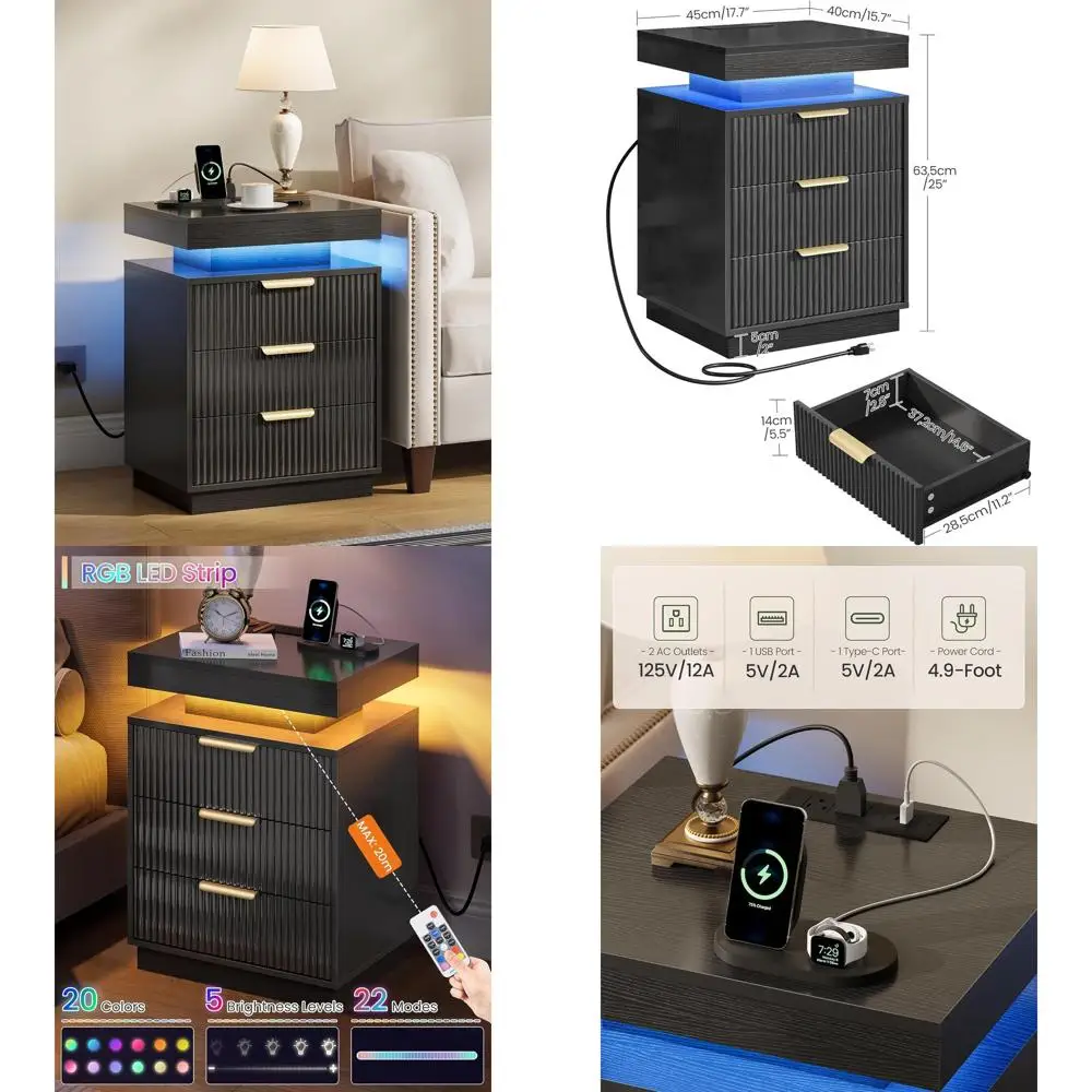 

Современная прикроватная тумбочка со светодиодной подсветкой, зарядной станцией, 3 ящиками, 2 портами AC и 1 портом USB-C для спальни