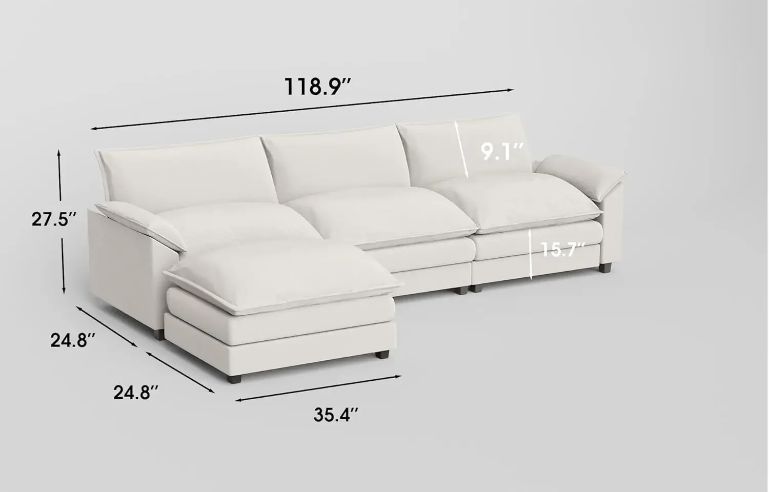 Sectional Sofa Modern Deep Couch with Reversible Ottoman, L-Shaped Chenille Fabric Modular Sofa Sleeper Comfy